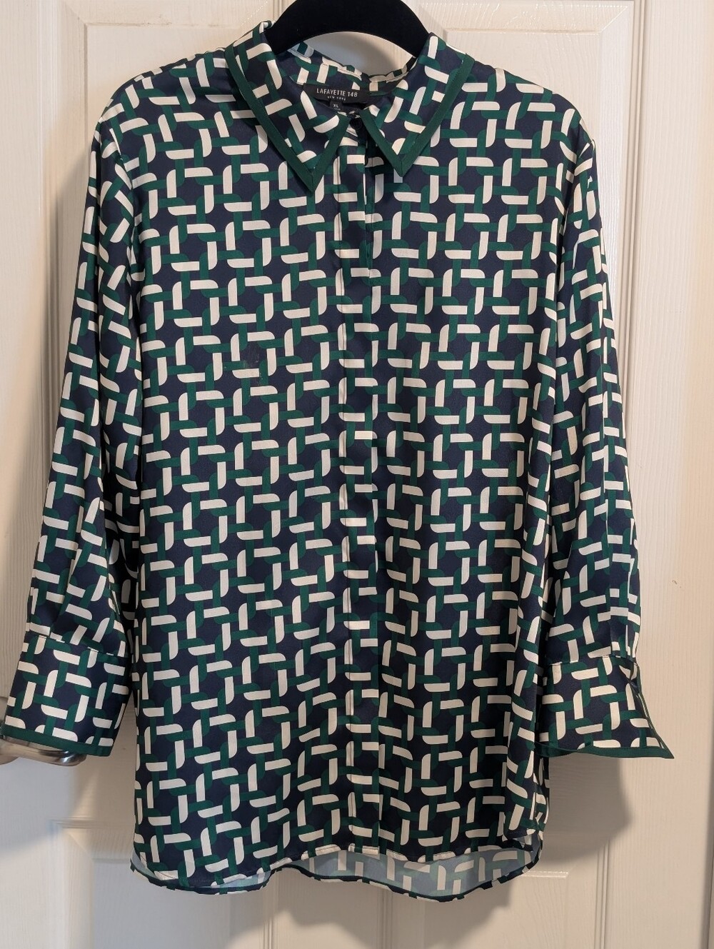 Lafayette 148 New York Navy, Green & White Geometric Blouse